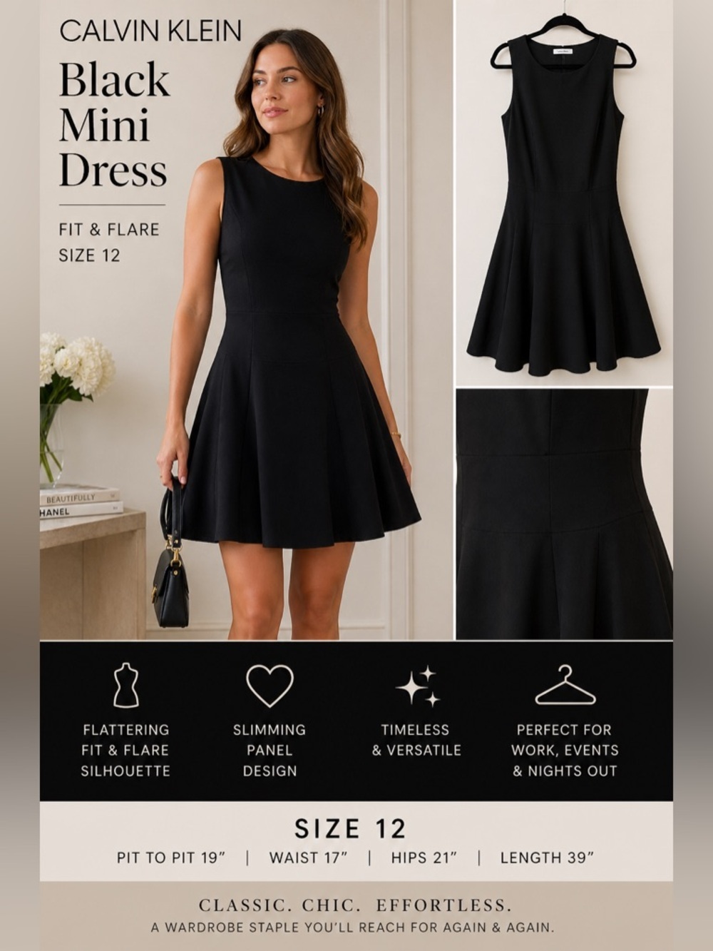 Calvin Klein Fit & Flare Black Mini Dress Sleek Classic Chic Size 12